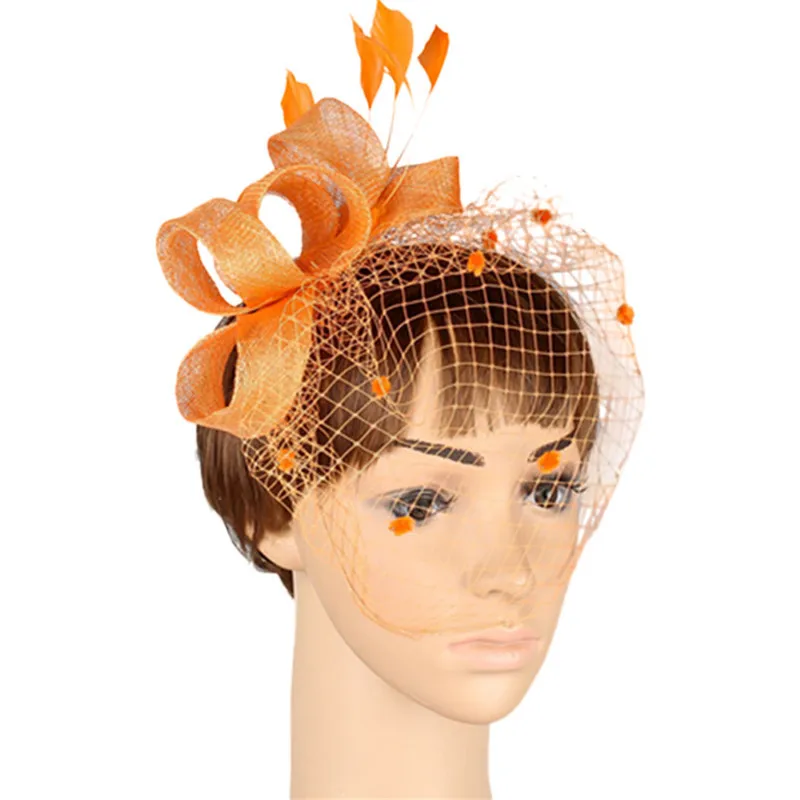 Оранжевый JaneVini Винтаж золотые свадебные Шапки и Fascinators женские свадебные вечерние шляпа Перья для волос Pin чистая клетка покрывал Afrikaanse Hoed - Цвет: Оранжевый