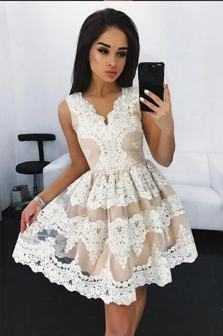 Платье с кружевами и v образным вырезом Короткие бальные платья без рукавов для