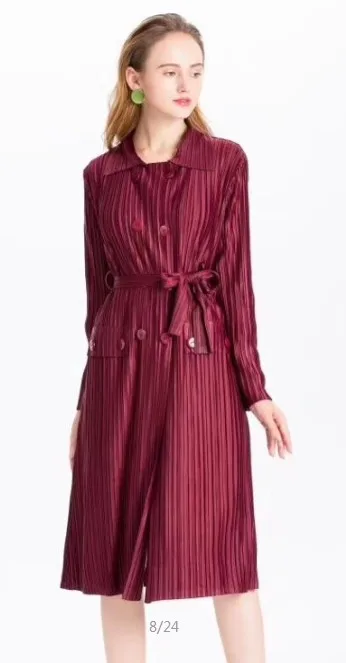 

Miyake Fold double-breasted pure color long sleeve trench coat turn-down collar long windbreaker IN STOCK