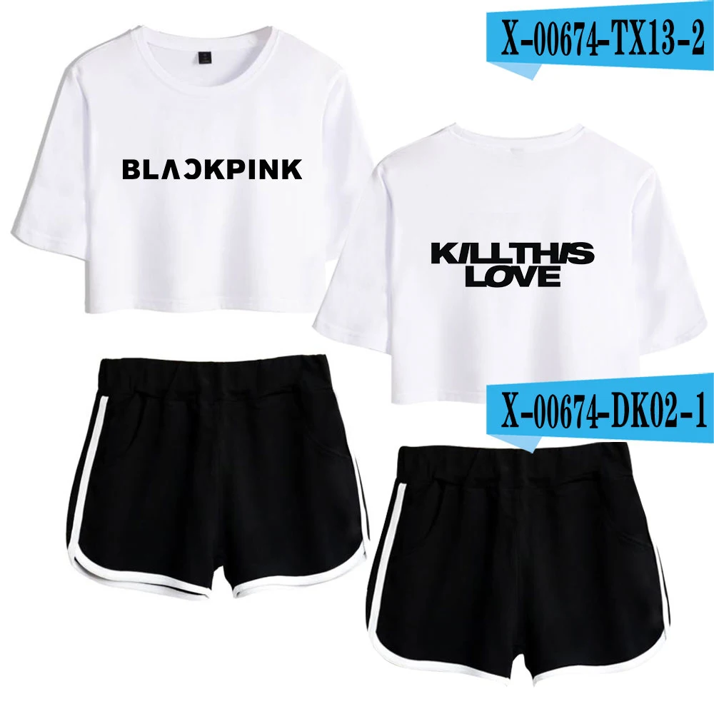 Фиолетовый Blackpink Kill This Love комплект из двух предметов женская модная летняя одежда для женщин Мини Сексуальная футболка комплект из двух предметов топ+ укороченные штаны - Цвет: Фиолетовый