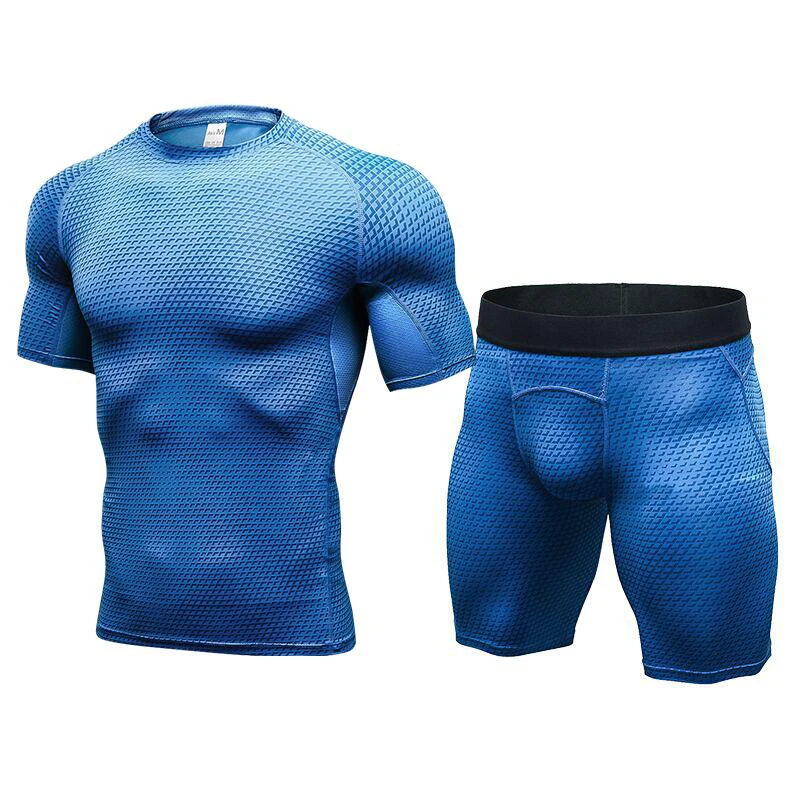 

New 2 Pieces Sport Suit For Men Short Sleeve T-shirt + Shorts Fitness Tight Running Set Quick Dry Compression Men's Sportswear