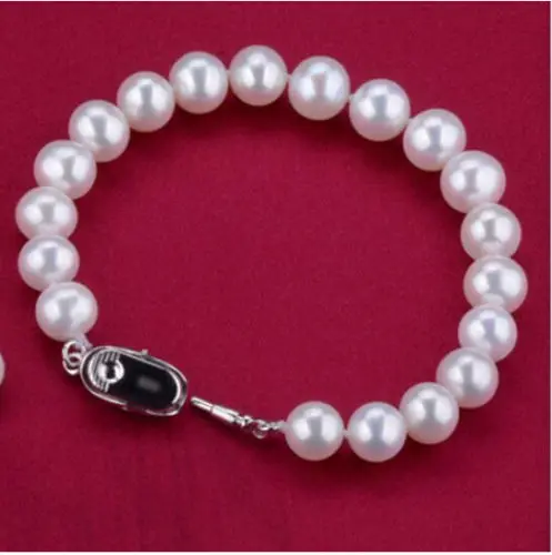 

New 8-9mm 7.5Inch freshwater Natural White Pearls Bracelet 925 Silver A