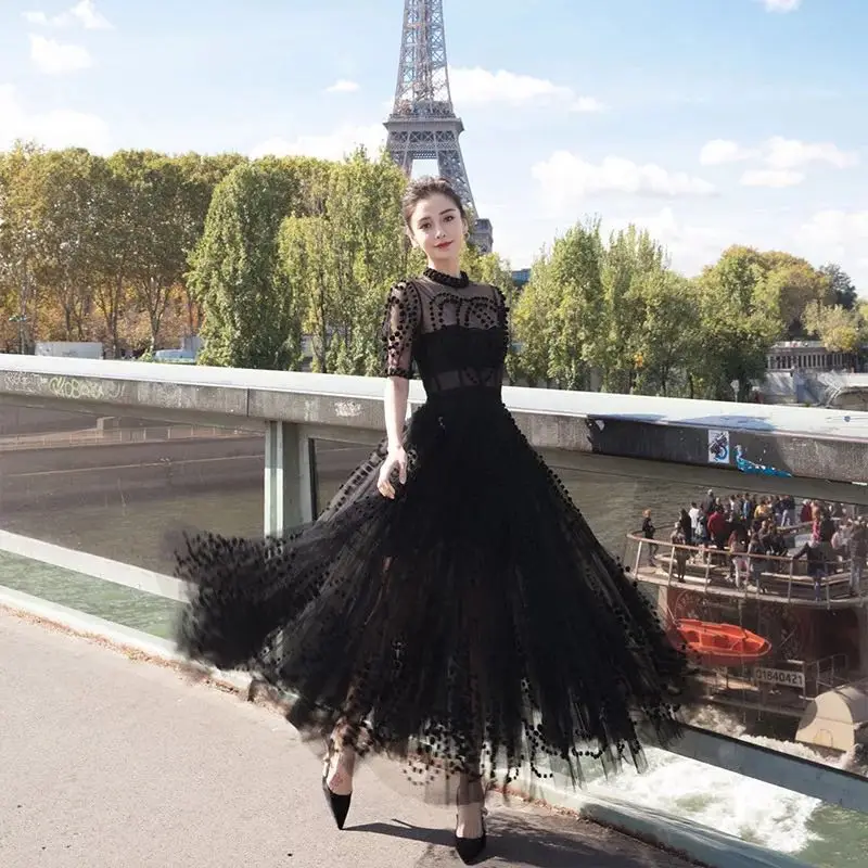 Женское вечернее платье Angelababy элегантное короткое Прозрачное с сеткой для