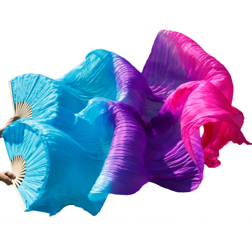 blue purple fuchsia Хиты, высокая распродажа, Женская качественная шелковая вуаль для танца живота, веера, натуральный шелк, радужная цветная вуаль, одна пара(2 шт - Цвет: blue purple fuchsia