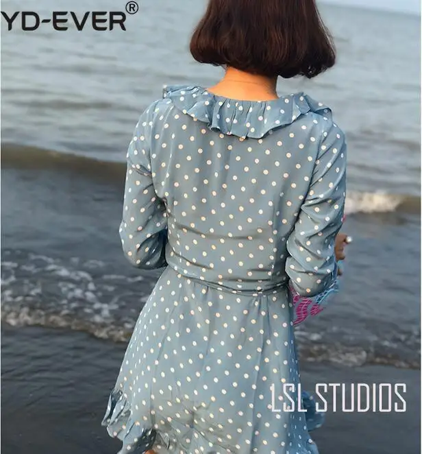 Women The Alexandra - Dusty Blue Spot Polka Dot Printed Long Sleeve Deep V Neck Ruffle Wrap Mini Dress With Belt | Женская одежда
