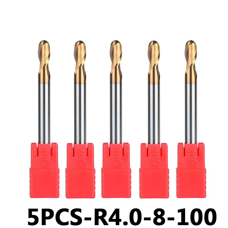 

5pcs/lot R4-8-100 HRC55 With Straight Shank Tungsten Steel Ball Nose End Mills 2-Flute Ball Head Milling Cutters Router Bits