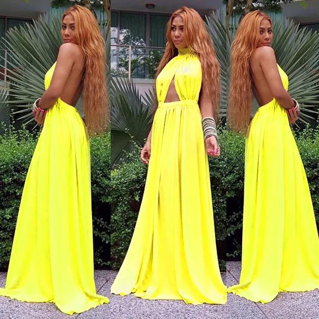 2015 new fashion yellow cotton maxi dress backless summer women beach 4519 | Женская одежда