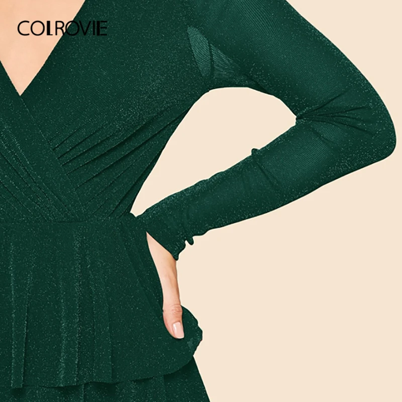 COLROVIE, зеленое платье с запахом, многослойное, с рюшами, блестящее платье для женщин,, Гламурное, весна-лето, v-образный вырез, женские облегающие и Расклешенные платья