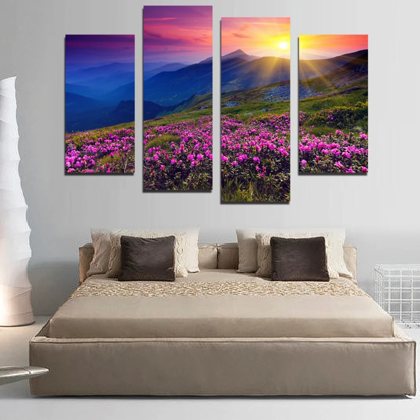 4 панели настенные картины морской цветок Декор закат пейзаж Печатный холст