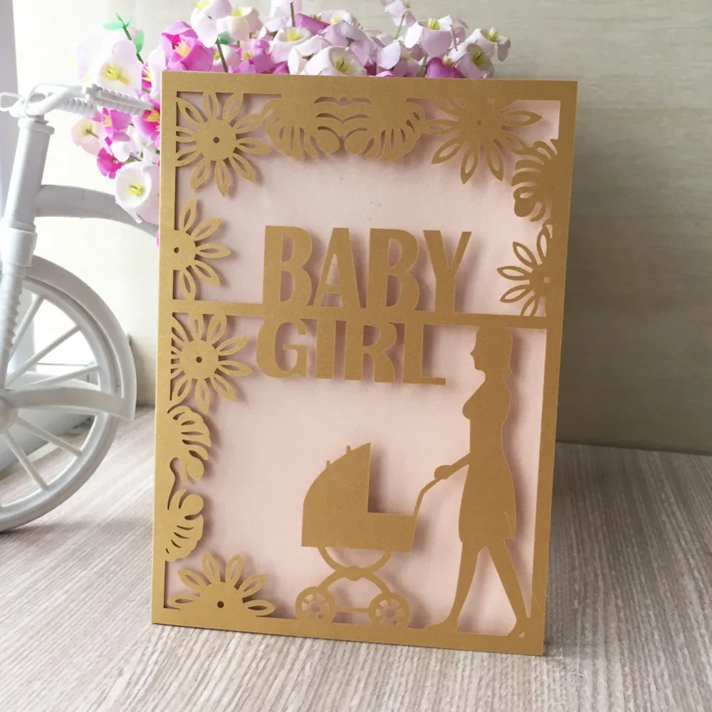 

35pcs Laser Cut Pearlized Shimmer paper Baby Girl words baby shower Invitations Card Favor Chinldren Birthday Party Decoration
