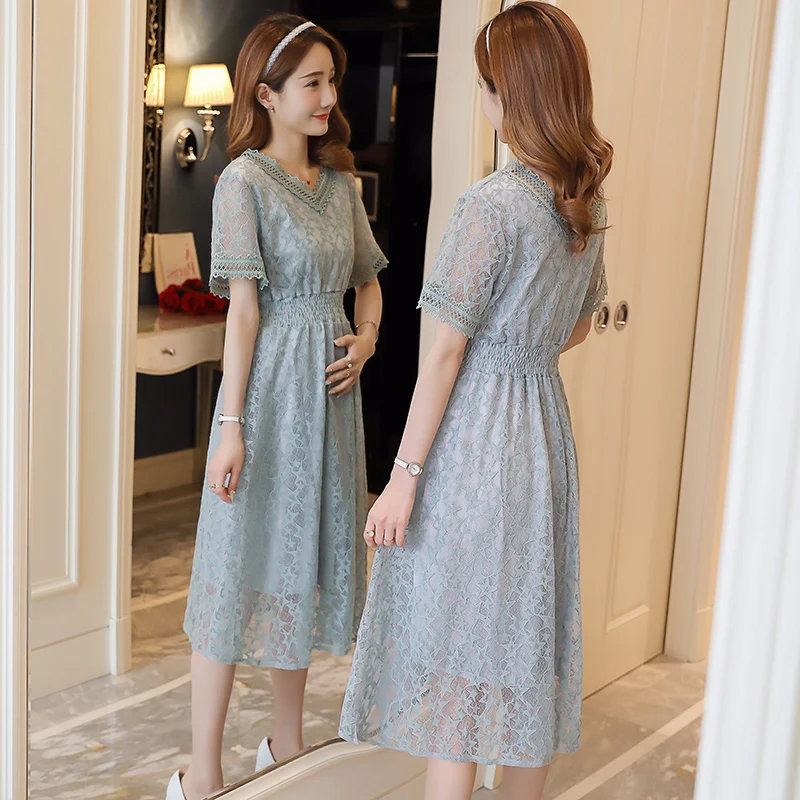 2019 New Brand Summer Maternity Dress Woman V-Neck Lace Large Size Pregnant Clothing MD-00793 | Мать и ребенок