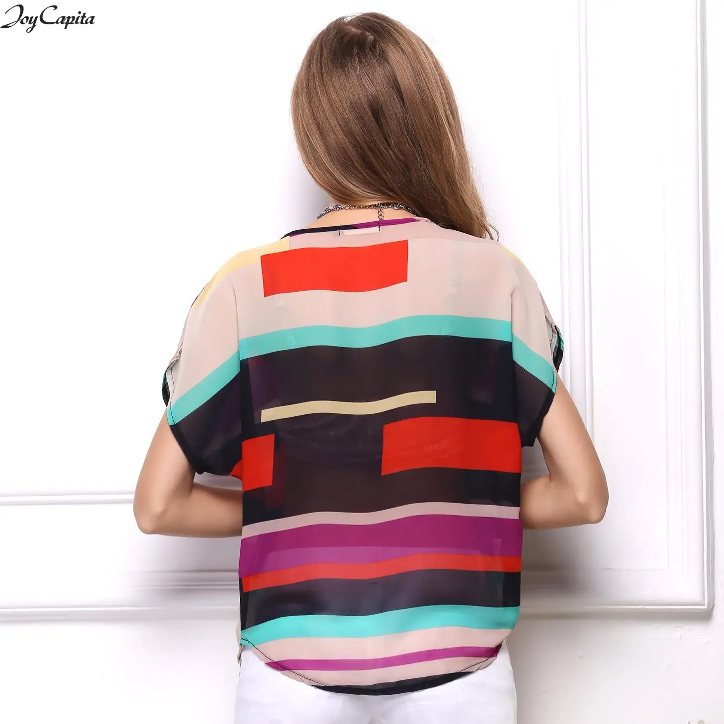 Joy Capita 2017 Striped Chiffon Women Blouses Batwing Sleeve O-neck Brand Blouse Casual Tops |
