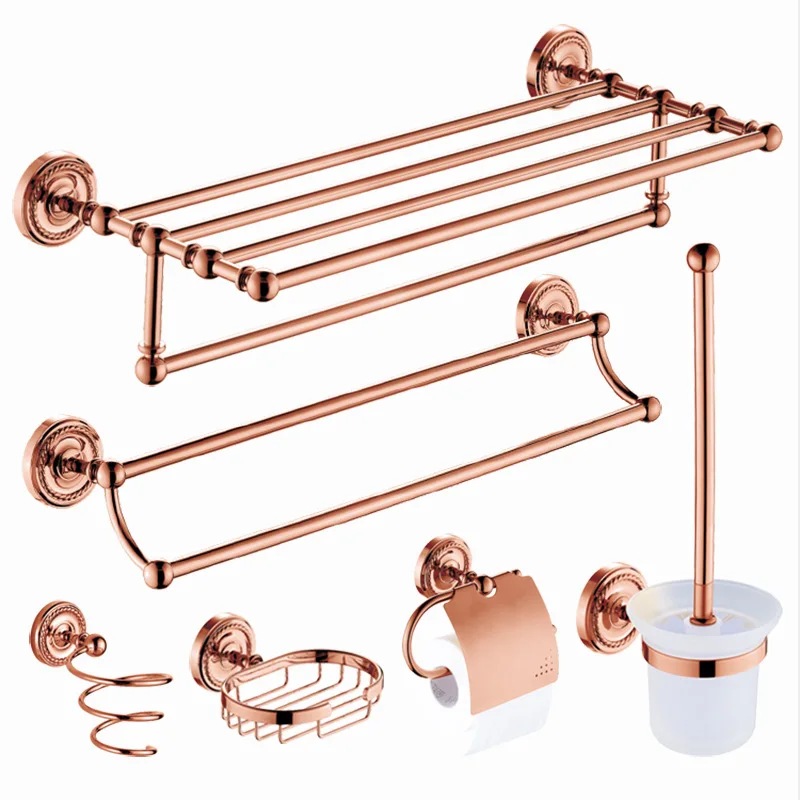 

Vintage Rose Gold Brass Towel Shelf Soap Dish Toothbrush Holder Metal Wall Mounted Hair Dryer Rack Bathroom Towel Pendant Set