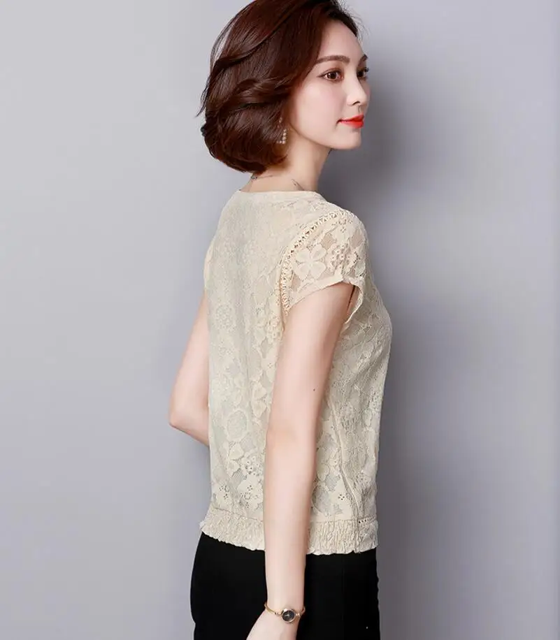 Blusas Mujer De Moda, летняя женская кружевная блузка с коротким рукавом, модные женские рубашки размера плюс, Женские топы и блузки размера s 3XL