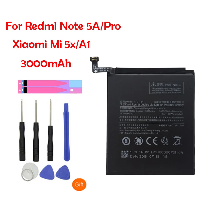 Сменный аккумулятор BN31 для Xiaomi Redmi Примечание 5A/Pro Xiaomi Mi 5X/A1 3000mAh литий-ионный аккумулятор для телефона+ инструмент