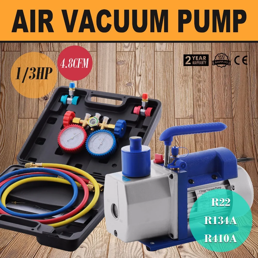 

R410A R134A R22 4.8 CFM Vacuum Pump HVAC A/C Refrigerant W/4 Valve Manifold Gauge