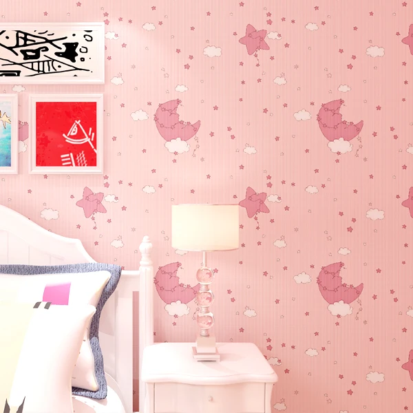 

Children's Room Wallpaper Boy Girl Bedroom Environmentally Pink Yellow Blue Non-woven Cartoon Cute Stars Moon Wallpapers