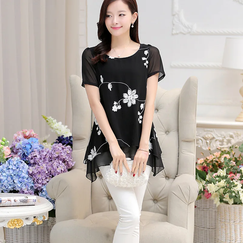 Женская винтажная шифоновая блузка с круглым вырезом и коротким рукавом