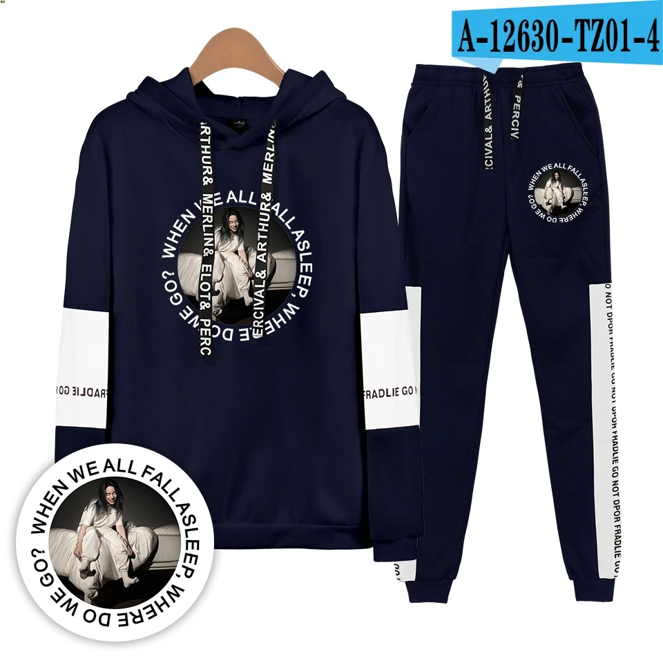 Новинка Billie Eilish,, толстовки, Новое поступление, повседневный комплект из двух предметов, костюм с капюшоном для мужчин/женщин, толстовки, свитшоты и спортивные штаны - Цвет: Navy Blue
