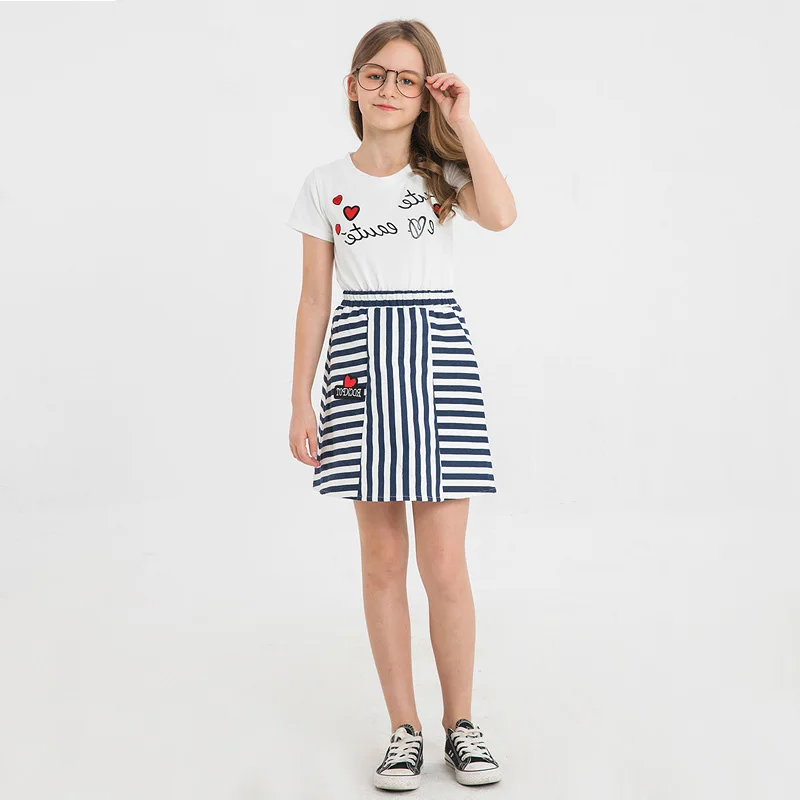 2019 летний комплект с юбкой для больших девочек Корейская версия Полосатая юбка +