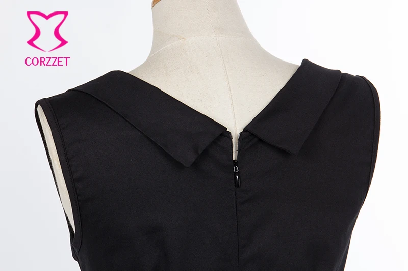 Женское винтажное платье ретро без рукавов черное Хлопковое с V-образным вырезом