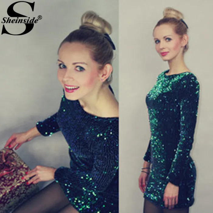 Sheinside USA Free Shipping 2015 Green Long Sleeve Sequined Bodycon Dress | Женская одежда