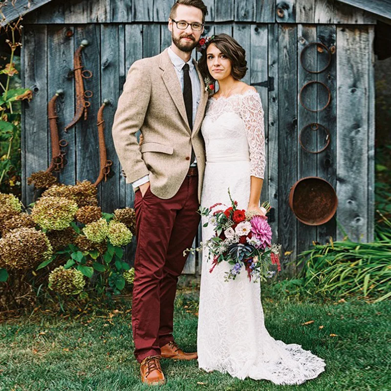 Дешевые 2019 кружева свадебное платье с вырезом лодочкой три четверти Свадебные