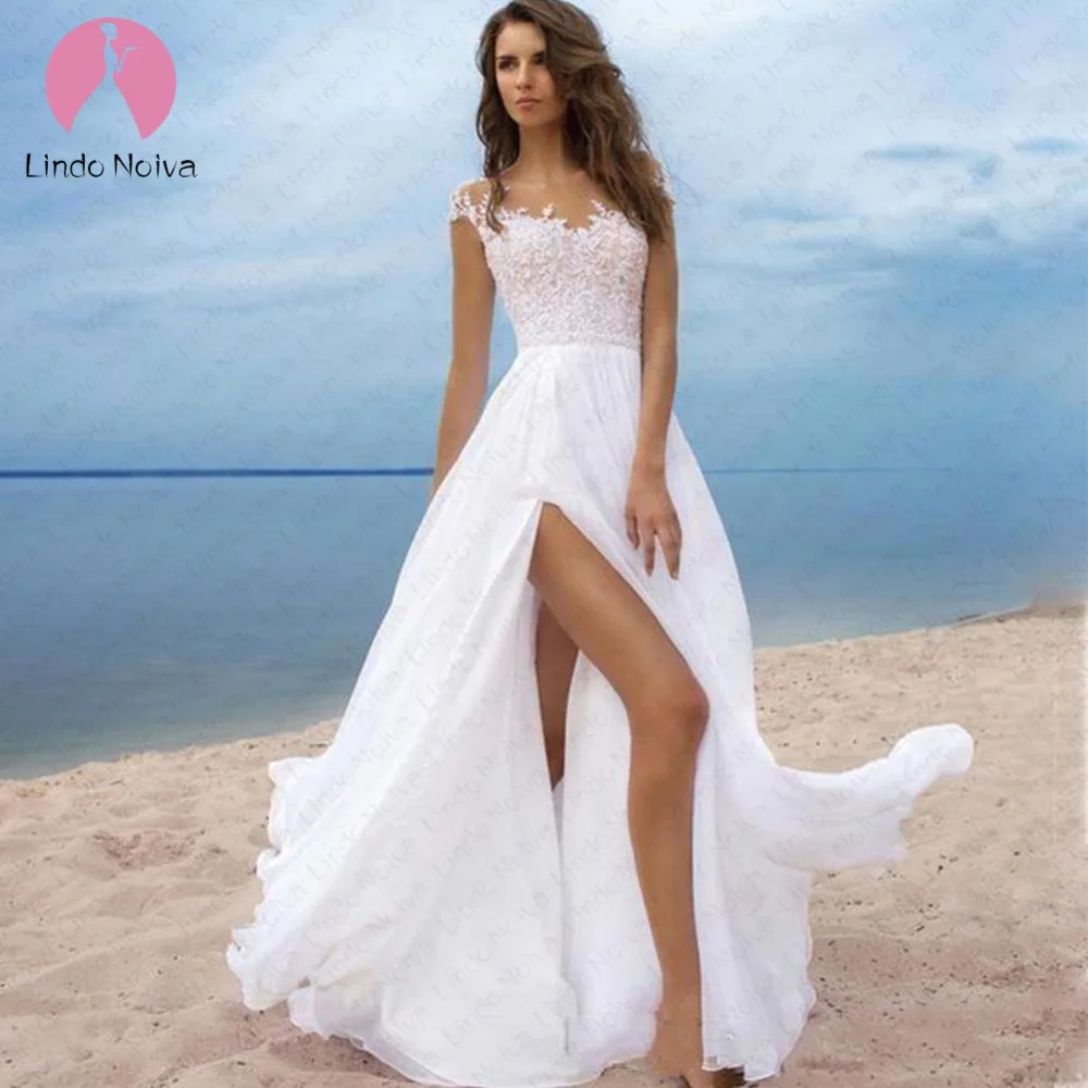 Vestido de noiva сексуальное кружевное пляжное свадебное платье с Боковым Разрезом, новинка, свадебное платье с круглым вырезом на заказ