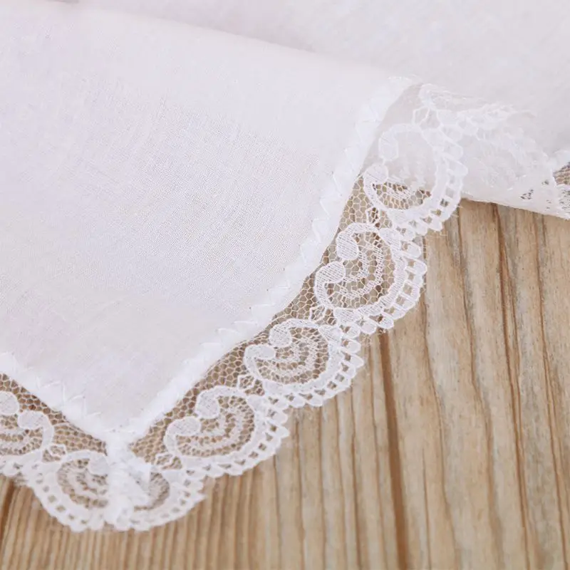 Women Plain White Square Handkerchiefs Crochet Peach Heart Scalloped Lace Trim Bridal Wedding DIY Cotton Napkin Hankies 25x25cm |