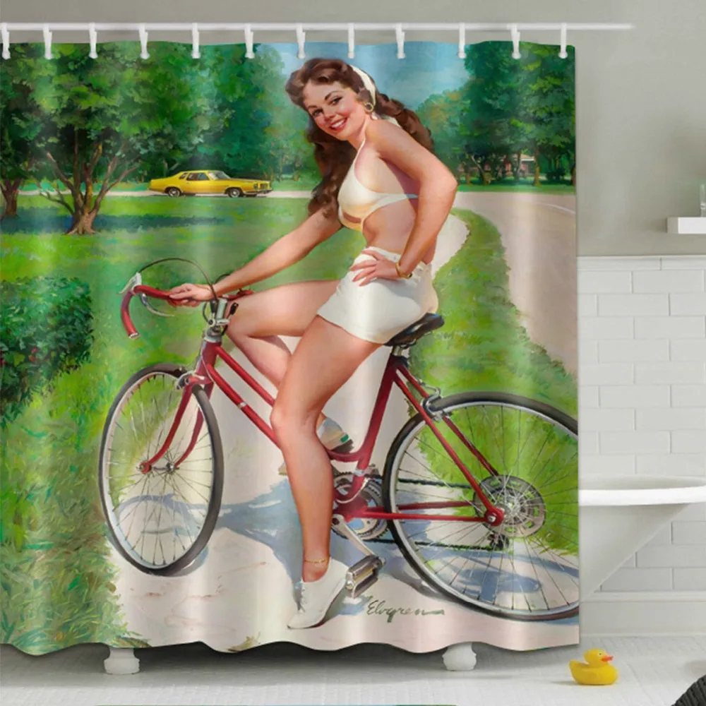 

LB European Sexy Girl Bicycle Shower Curtains White Bikini Retro Bathroom Screen Waterproof Polyester Fabric for Bathtub Decor