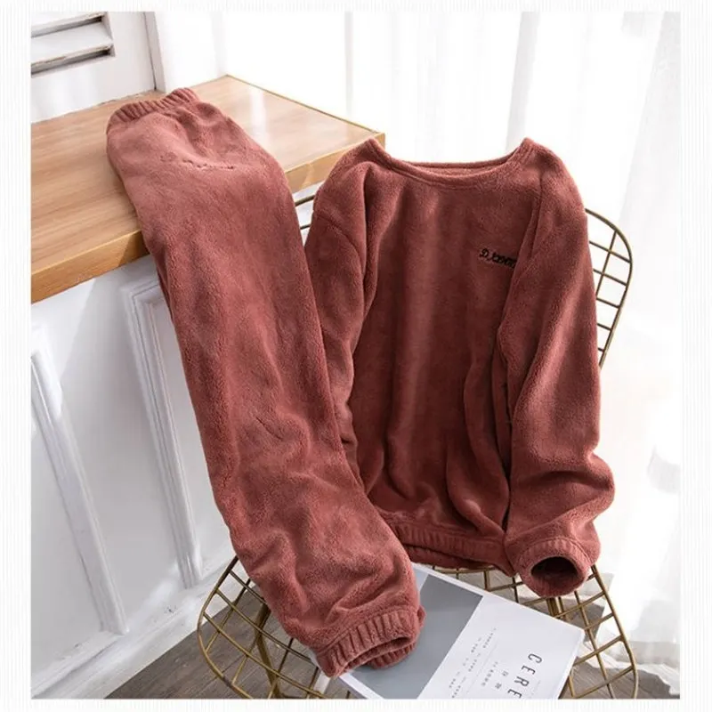 

New Fashion Winter Thick Flannel Pajamas Sets Women Letter Candy Color Sleepwear Female Coral Fleece 2 Piece Set Homewear Y5002