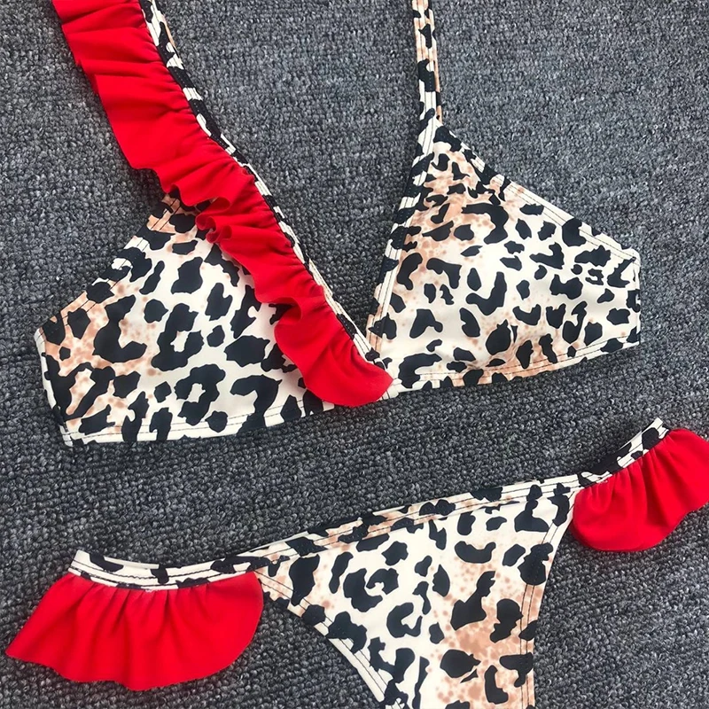 Женский купальник с леопардовым принтом maillot de bain купальный костюм оборками и пуш