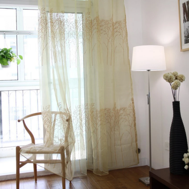 Занавески с вышивкой тюлевые шторы рисунком бежевых деревьев для гостиной