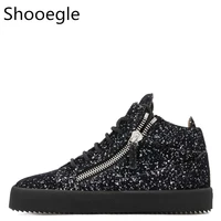 bling sequins men casual shoes black lace up sneaker top zipper glitters flat thick bottom creepers zapatillas hombre shoes