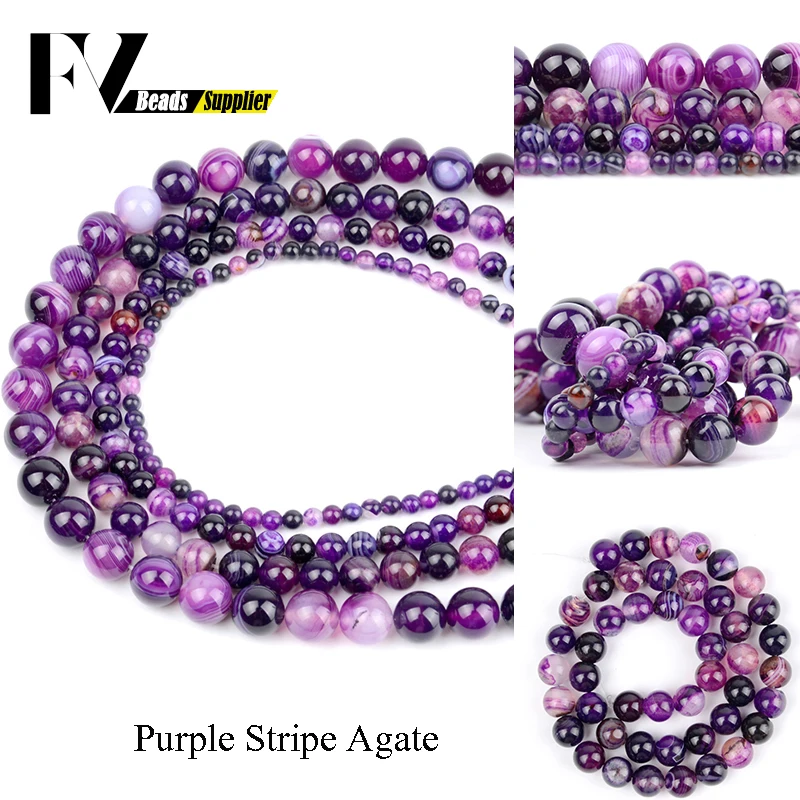

Smooth Purple Stripe Agates Round Beads Accessories 4mm-12mm Natural Stone Spacer Beads for Needlework Jewelry Making Bracelets