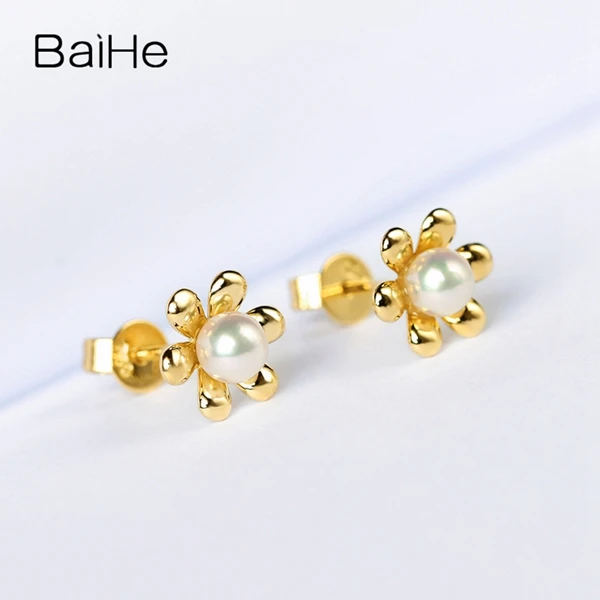BAIHE Solid 14K желтое золото(AU585) 4-4,5 мм натуральная пресноводная жемчужина свадебные модные ювелирные изделия подарок серьги-гвоздики