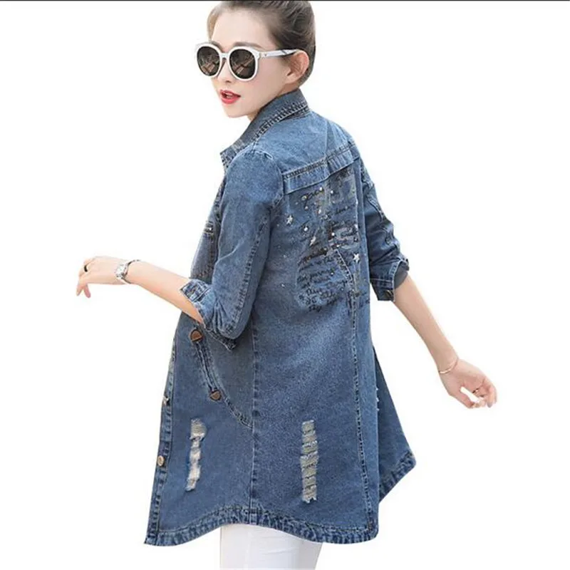 

Весна-Осень 2019, ковбойская куртка, Женская куртка большого размера, Студенческая одежда, однотонные лацканы, длинный рукав, тонкая джинсова...