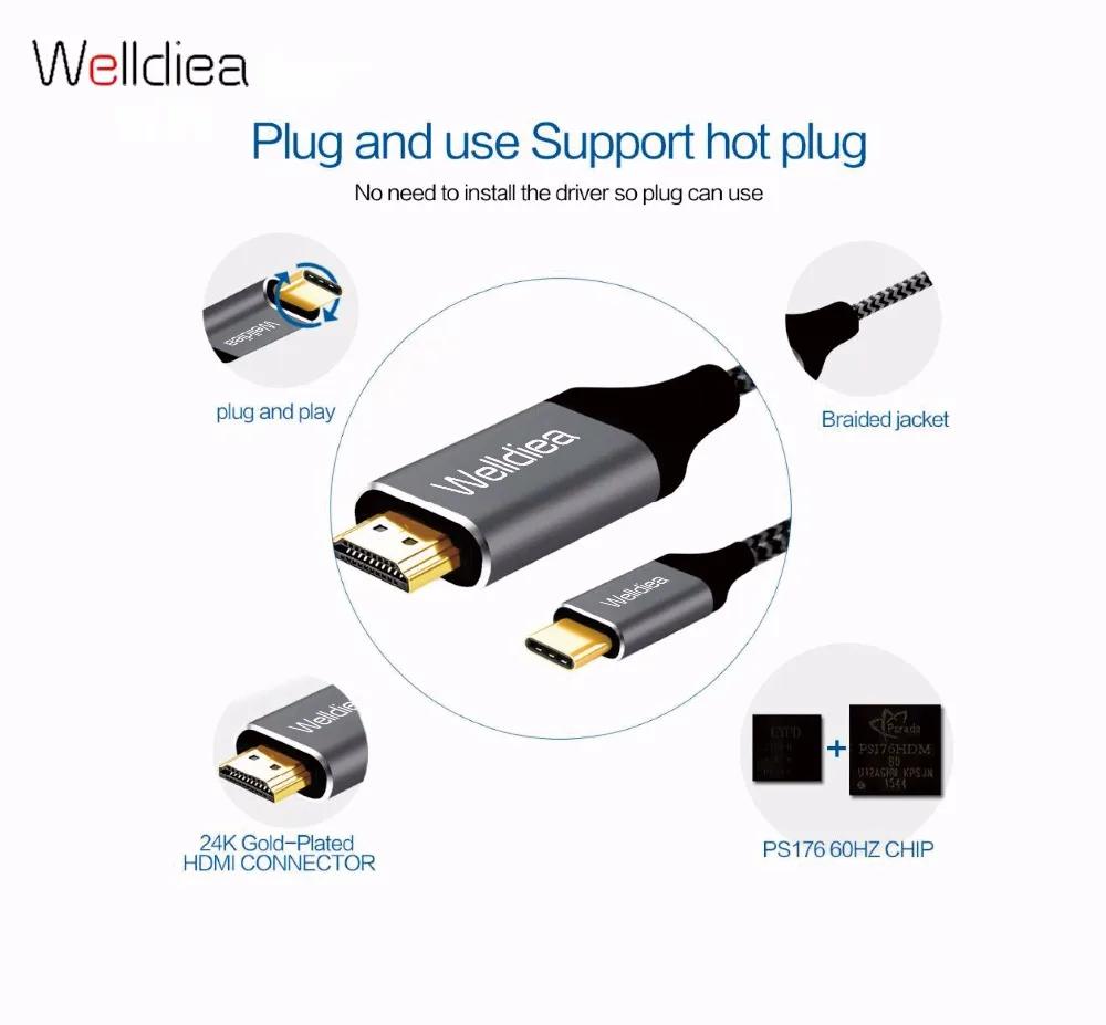 Welldiea USB C к HDMI Кабель-адаптер 4 k (Thunderbolt hdmi adapte) для huawei mate10 P20 Pro MacBook pro 2017 sumsang S9 + |