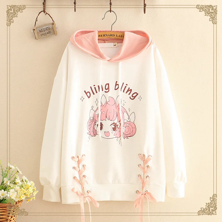 Милая толстовка с капюшоном Женская толстовка с капюшоном Kawaii мультяшный принт лента Толстовка Милая с длинным рукавом Женский пуловер толстовки T592