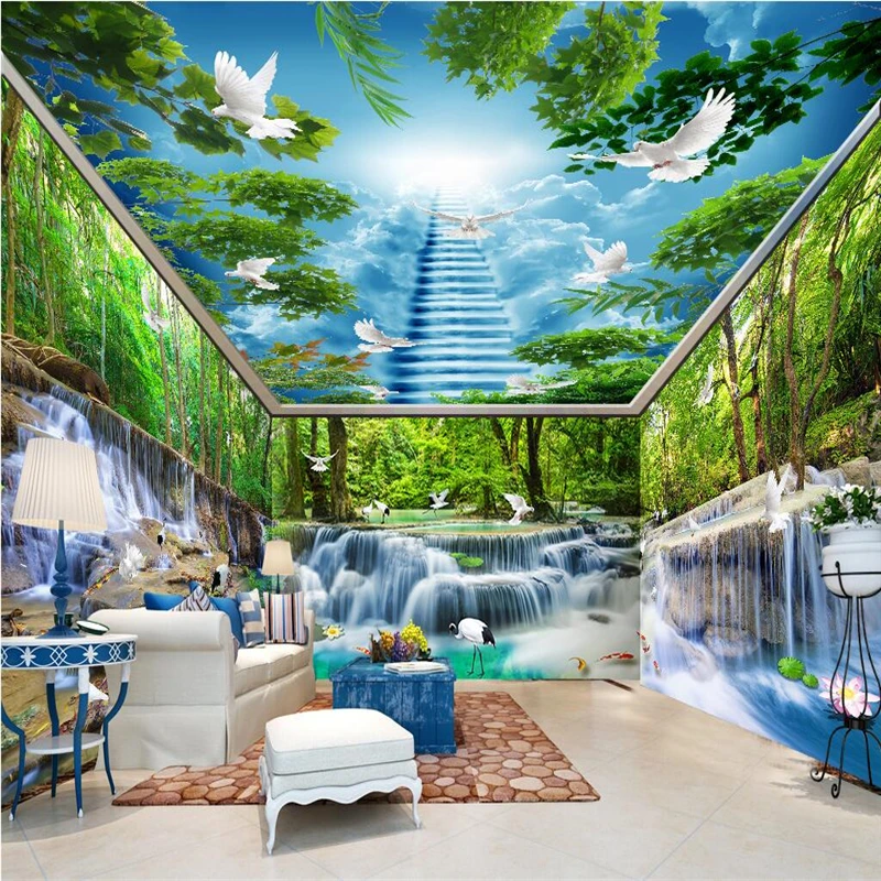 

beibehang Waterfall water forest crane whole house background wall paper painting Custom 3d mural wallpaper living room backdrop