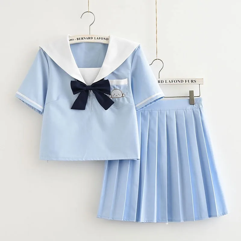 Short Sleeve Set Небесно-голубая кавайная форма, японская школьная форма JK для девочек, матросский топ+ плиссированная юбка, полный комплект, школьные женские костюмы S-XXL - Цвет: Short Sleeve Set