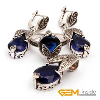dark blue crystal antiqued tibetan silver ring earrings pendant jewelry sets fashipn jewelry for party women gift