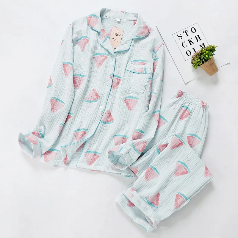 Blue Весенне-летний комплект свободных пижам для дам Ins Fresh style Женская одежда для сна удобная газовая хлопковая Домашняя одежда с рисунком арбуза - Цвет: Blue