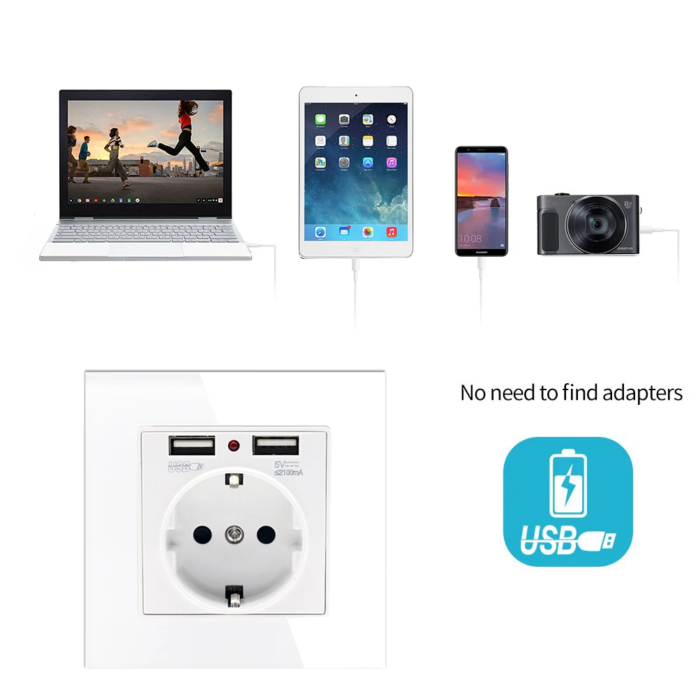 Настенная розетка 86*86 мм со стеклянной панелью европейского стандарта с 2 USB