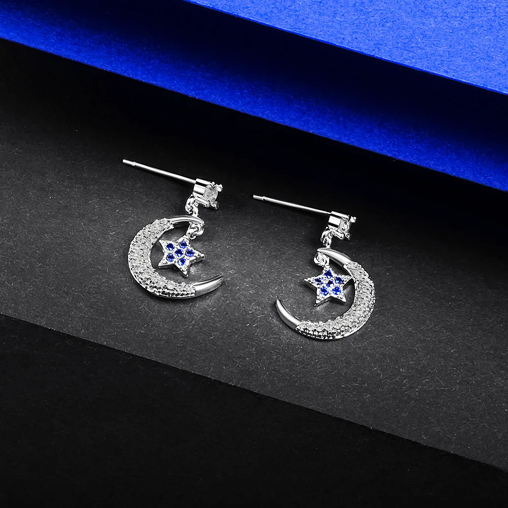 Серьги-пусеты YUN RUO Micro Pave циркониевый камень Moon Star S925 серебряные гипоаллергенные