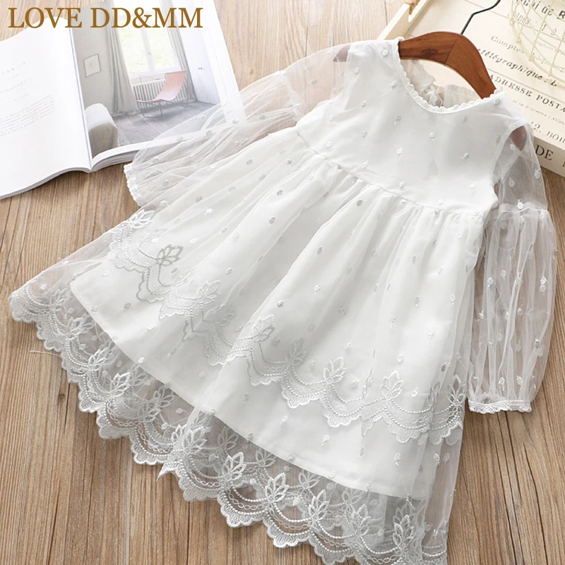 Белый Платья для девочек с надписью LOVE DD& MM новая весенняя детская одежда милое Сетчатое кружевное вышитое платье в стиле принцессы с длинными рукавами для девочек - Цвет: Белый