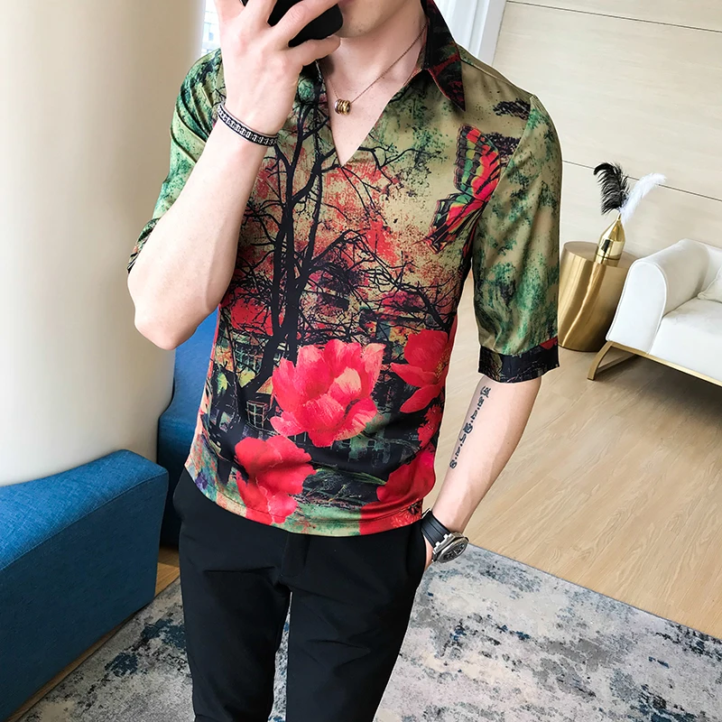 V образный воротник китайский Стиль рубашка Для мужчин Slim Fit Корейская одежда с
