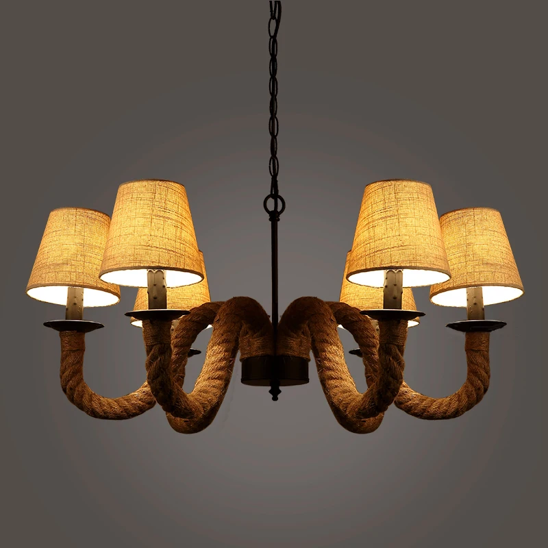 Ретро железная люстра с пеньковой веревкой. Украшение для бара кафе 6 головок