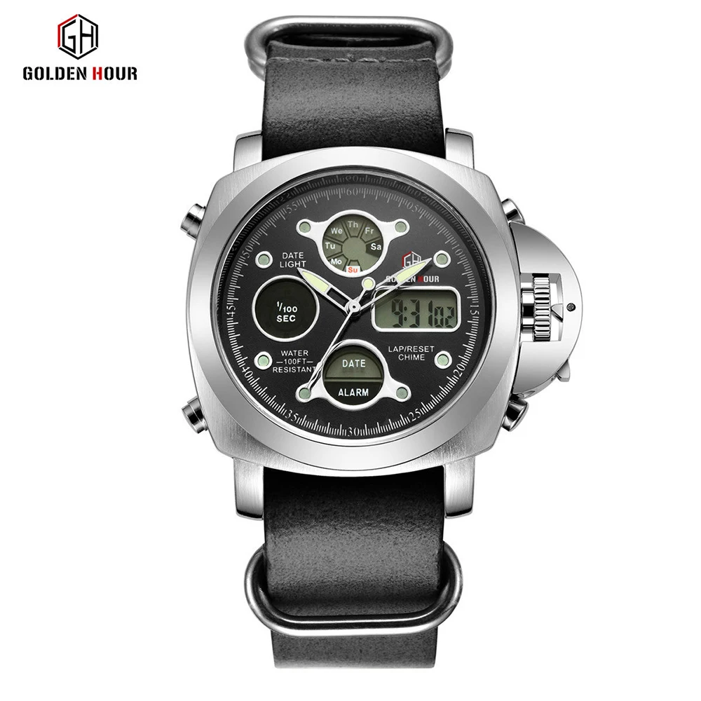 Золотые часы лучший бренд Роскошные кожаный ремешок двойной дисплей мужские