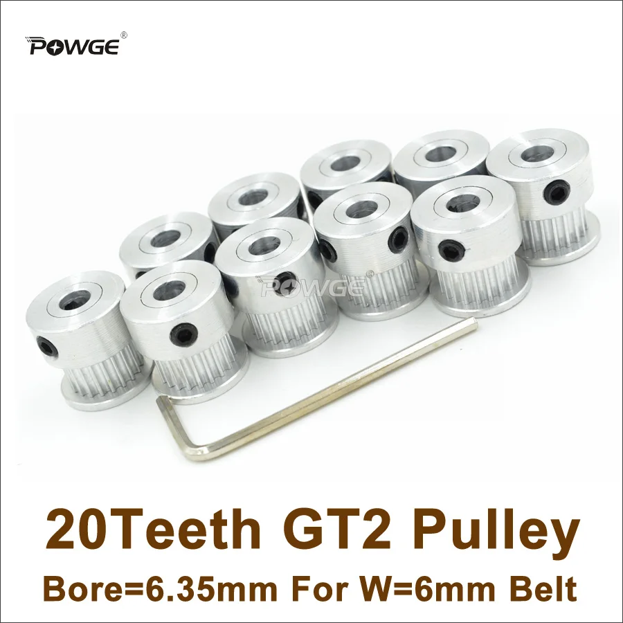 

POWGE 10pcs 20 Teeth 2GT Timing Pulley Bore=6.35mm Fit Width=6mm 2GT Timing Belt 3D Printer Parts 20T 20Teeth GT2 Pulley